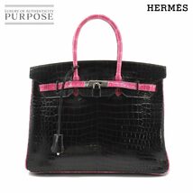 新品同様 エルメス HERMES バーキン35 ハンド バッグ クロコダイル ポロサス ブラック ピンク □K刻印 ルテニウム 金具 Birkin 35 90204527_画像1