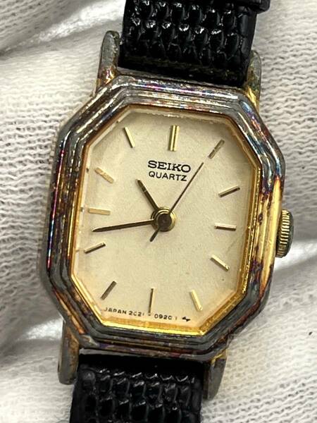 【電池切れ】SEIKO セイコー クォーツ 腕時計 アイボリー文字盤 オクタゴン レザーベルト レディース 2021-5350