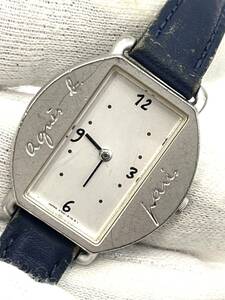 【電池切れ】agnes b. アニエスベー クォーツ 腕時計 白文字盤 ネイビー×マットシルバー レザーベルト レディース V700-5070