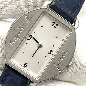 【電池切れ】agnes b. アニエスベー クォーツ 腕時計 白文字盤 ネイビー×マットシルバー レザーベルト レディース V700-5070