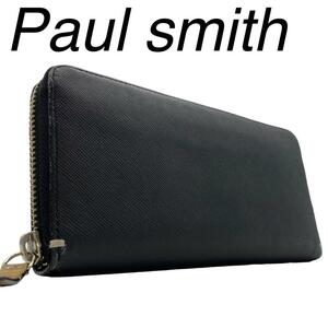 １円●Paul Smith ポールスミス●長財布 ラウンドジップ オールレザー ブラック 本革 マルチストライプ メンズ