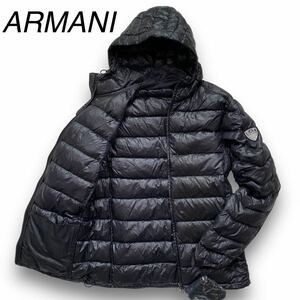 １円●XL相当●EMPORIO ARMANI エンポリオアルマーニ●ライトダウンジャケット キルティング フード ブラック メンズ