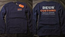 本物正規◆Deus ex Machina デウス◆厚手 トレーナー クルー スウェット Serviced■XL■Workwear Blue■新品 アメリカ購入/裏起毛_画像1