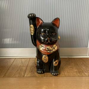 古い招き猫　H26cm 陶器　まねき猫　ねこ　黒　ゴールド　小判　七福神　レトロアンティークビンテージ　黒猫 縁起物　無病息災