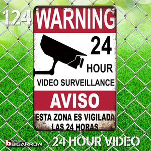 124 ブリキ看板 20×30㎝ 24HOUR VIDEO 24時間ビデオ監視 監視カメラ セキュリティ アンティーク アメリカンインテリア 世田谷ベース