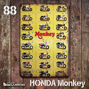 88 ブリキ看板 20×30㎝ HONDA MONKEY ホンダ歴代モンキー ガレージ スチール アンティーク アメリカンインテリア 世田谷ベース