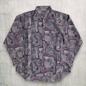 【VINTAGE】90s レトロデザイン 総柄 アート 個性的 オールドポリシャツ 古着 ラベンダーカラー 日本製