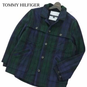 TOMMY HILFIGER トミーヒルフィガー メルトン ウール★ レイヤード風 デザイン チェック ジャケット Sz.M　メンズ ネイビー　A3T13880_B#N