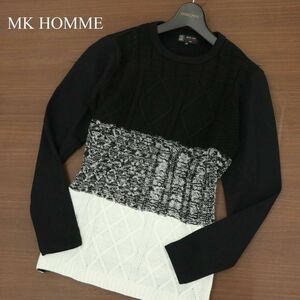 MK HOMME ミッシェルクラン オム 秋冬 切替★ スウェット × ニット ケーブル編み セーター Sz.46　メンズ 黒　A3T13868_B#H