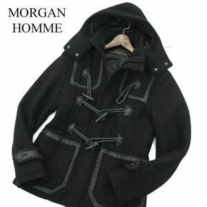 MORGAN HOMME モルガン オム メルトン ウール★ 牛革 リアル レザー使い フーディー 中綿 ダッフル コート Sz.M　メンズ 黒　A3T14064_B#N