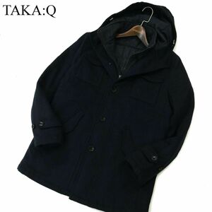 TAKA:Q タカキュー 秋冬 SLIM FIT★ カシミヤ混 ウール フーディー 中綿 コート Sz.L　メンズ ネイビー　A3T14090_B#N