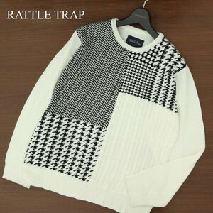 RATTLE TRAP メンズビギ 秋冬 ヘリンボーン 千鳥柄 切替 パネル編み★ クルーネック ニット セーター Sz.LL　メンズ 白　A3T14188_B#K