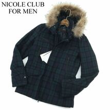 新品★ NICOLE CLUB FOR MEN ニコルクラブ フォーメン サーモライト中綿 リアルファー チェック ウール コート Sz.46 メンズ　A3T14514_C#N_画像1