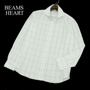 BEAMS HEART ビームス ハート 通年 ホリゾンタルカラー★ 長袖 ウインドウペン チェック シャツ Sz.L　メンズ 白　A3T14730_C#C