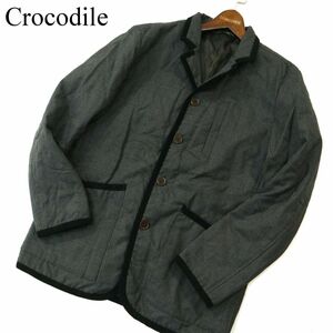 Crocodile クロコダイル 秋冬 ウール★ 千鳥チェック パイピング 中綿 ジャケット コート Sz.M　メンズ グレー　A3T14825_C#N