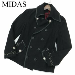 MIDAS ミダス 秋冬 裏赤 ハトメ スタッズ パイピング★ メルトン ウール デザイン Pコート ジャケット Sz.L　メンズ 黒　A3T14663_C#N