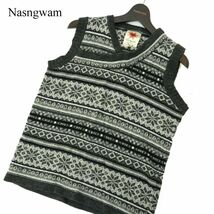 Nasngwam ナスングワム 秋冬 ウール100%★ ノルディック柄 ニット ベスト Sz.S　メンズ グレー 日本製　A3T15175_C#K_画像1