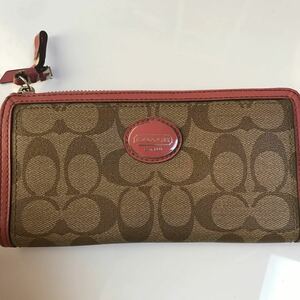 COACH シグネチャー 長財布　L字ファスナー　ブラウン ピンク レザー コーチ　レディース　ブランド　中古