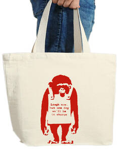 【8oz BAG】 【LARGE】【BANKSY モンキー】【トート】【男女兼用】【生成り-濃赤】]【B/【SALE.】]【WH