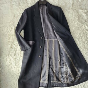 美品 L相当 LANVIN PARIS【裏地で魅せる】ランバン ロング丈 コート チェスターコート ブラック ウール 裏地 ロゴ 総柄 秋冬 アウター 958