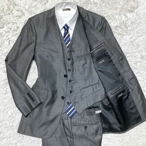 バーバリーブラックレーベル 【圧倒的存在感】BURBERRY BLACK LABEL スリーピース スーツ セットアップ Lサイズ グレー シルク混 光沢 3P