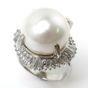 Pt900 platinum ring * ring pearl approximately 14.3mm diamond 0.91ct 11 number 15.6g White Butterfly lady's used beautiful goods 