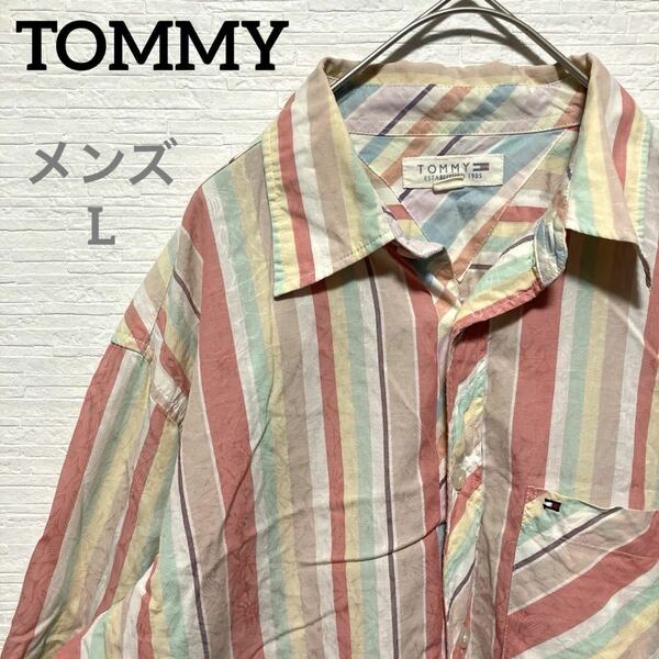 トミー　ワンポイント刺繍ロゴ　長袖　ストライプシャツ　マルチカラー　L