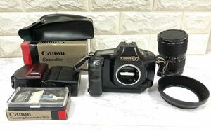 Canon T90 一眼レフ フィルム カメラ+レンズ ZOOM FD 28-85mm 1:4+Speedlite300TL+フォーカシングスクリーン 通電他OK fah 12A472