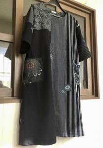 着物リメイク　ワンピース　チュニック　古布 縞　藍端切れ型染　ハンドメイド