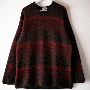 90s J.CREW мульти- окантовка roll шея хлопок вязаный L wine red белый бирка / Vintage USA American Casual J Crew общий рисунок рисунок плетеный 