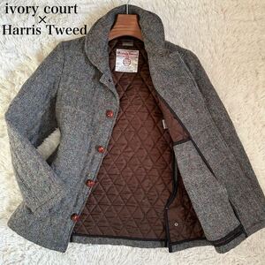 美品 ハリスツイード Harris Tweed メンズ キルティングジャケット 40 L相当 ヘリンボーン コーデュロイ くるみボタン 羊毛 灰 グレー 上着