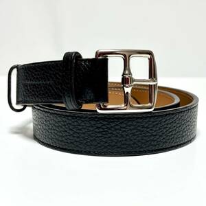 美品 HERMES エルメス エトリヴィエール トリヨンクレマンス レザー ベルト シルバー 金具 □Q刻印 ブラック サイズ 85cm メンズ