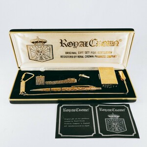 【保管品】ロイヤルクラウン ROYAL ＣROWN ガスライター ペン カフス タイピン キーホルダー セット 文具 アクセサリー 煙草 ゴールド基調