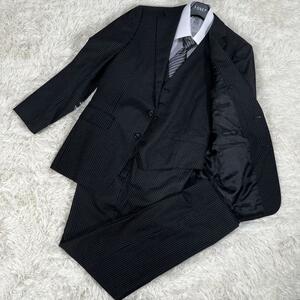 ¥1〜 ヒルトン HILTON スーツ suit セットアップ setup 3ピース スリーピース ストライプ stripe L YA6 毛 ウール Wool 黒 ブラック Black