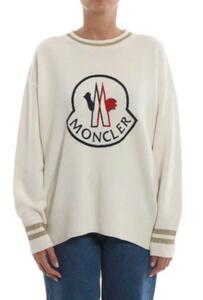 希少 モンクレール Moncler セーター ニット Knit ビッグロゴ デカロゴ 刺繍 クルーネック リブ ウール wool 毛 白 アイボリー M