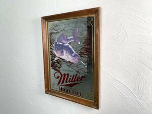 ビンテージ Miller パブミラー ワイルドライフ バス 魚 釣り ウッドフレーム 鏡 店舗什器 壁掛け インテリアアイテム ディスプレイアイテム