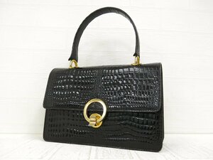 ◆美品◆GENUINE◆クロコダイル 本 ワニ 革◆ミニ ハンド バッグ◆ブラック ゴールド金具◆フラップ◆トップハンドル◆腕掛け◆A3088