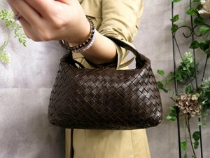 ●超美品●BOTTEGA VENETA ボッテガ ヴェネタ●イントレチャート●ラム レザー 本革●バニティ ミニ ハンド バッグ●ブラウン●Js42078