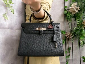 ●超美品●henry HIGH CLASS ヘンリーハイクラス●オーストリッチ 本 ダチョウ 革●ハンド バッグ●黒●シルバー金具●腕掛け●Js42467