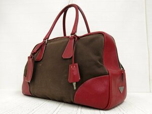 ◆PRADA プラダ◆キャンバス カーフ レザー 本革◆ハンド バッグ ミニボストン◆ブラウン レッド SV金具◆イタリア製◆ヴィンテージ◆A3397