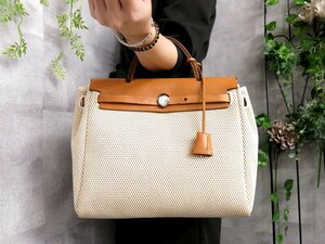 ●超美品●HERMES エルメス●エールバッグ PM●トワルGM レザー 本革●刻印 O□O●フラップ ハンド バッグ●白 茶系●A4 書類 かばん●Js42