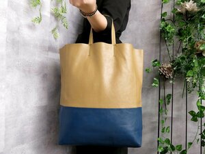 ●超美品●CELINE セリーヌ●バーティカル カバ●バイカラー●カーフ レザー 本革●トート バッグ●ベージュ ブルー●G金具●A4●Js42742