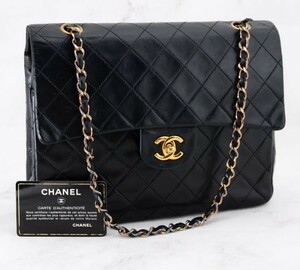 美品 CHANEL シャネル マトラッセ ラムスキン ダブルフラップダブルチェーンショルダーバック ブラック ギャランティカード有