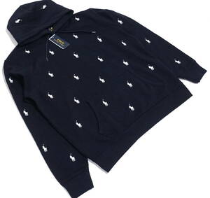 【新品】ラルフローレン ■ ポロポニー裏起毛パーカー ■ メンズ XL / US L ■ ネイビー All Over Pony 総刺繍柄 POLO RALPH LAUREN 正規品