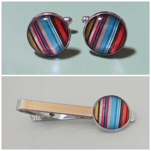  multicolor stripe cuffs button & necktie tweezers 