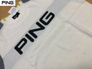 PINGGOLF(ピンゴルフ)秋冬 ビッグロゴ ブロッキング クルーネック ニットセーター 621-1270006(ホワイト)Ｌ