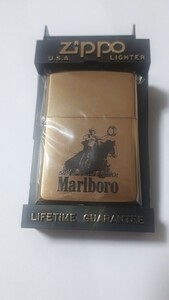 未使用 Marlboro　Zippo　SOLID　BRASS　マルボロジッポー　ソリッドブラス　インサイドユニット金色　カウボーイデザイン　1991年製造希少