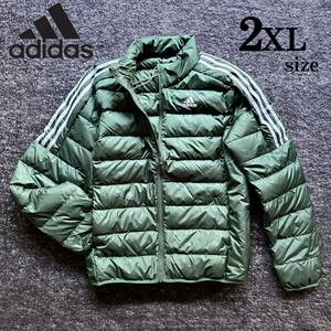 1円~ 送料無料 新品 アディダス エッセンシャルズ ダウンジャケット 2XLsize adidas DOWN 軽量 保温 ダックダウン80% 緑 ストライプ ウェア