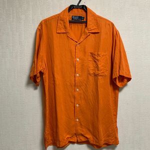 90s POLO Ralph Lauren ポロ ラルフローレン シルクシャツ シルク×リネン 半袖開襟シャツ メンズM 大きめ オレンジ 良品綺麗