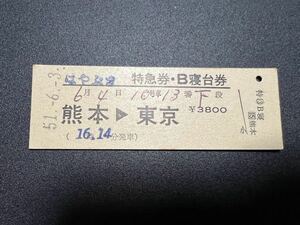 【はやぶさ】S51.6.4 熊本→東京 熊本駅発行